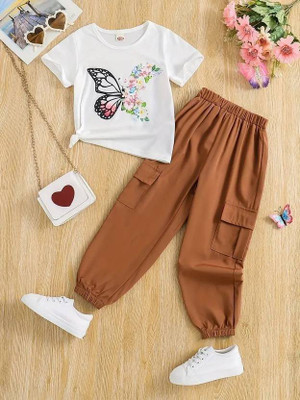 SHENEXAS Girls Party(Festive) T-shirt Pant(Brown)