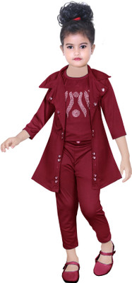 SM MUNIF DRESSES Girls Party(Festive) Top Pant, Shrug(Maroon)