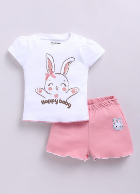 Smart Baby Baby Girls Casual T-shirt Shorts(White & Pink)