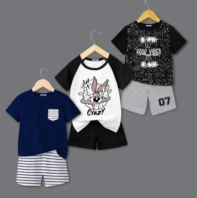 tarsier Baby Boys & Baby Girls Casual T-shirt Shorts(CRAZY_GOODVIBES_NAVY/WHITE STRIPED POC_PC3)