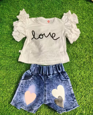 Ranio Creation Baby Girls Casual Top Shorts(Love print Top and Denim Shorts)