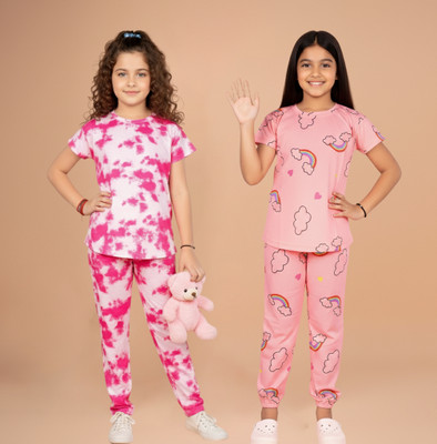 FEBVIBE Girls Casual T-shirt Pyjama(Multicolor 17)