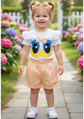 DAWINAR Baby Girls Party(Festive) Top Shorts(White and Peach)