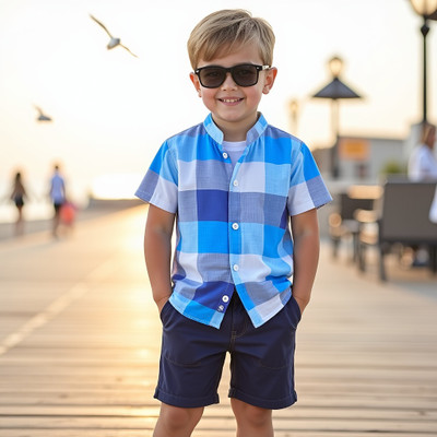D MON VY Boys Casual Shirt Shorts(SKY CHEX NAVY)