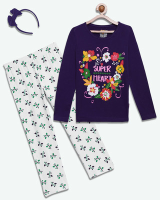 SINI MINI Girls Casual Pyjama Sleepsuit(PUR_LEAF)