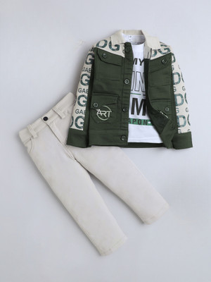 Fourfolds Boys Casual Jacket T-shirt, Trouser(Olive Green)