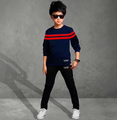 tarsier Boys Casual T-shirt Track Pants(DOUBLE STRIPED NAVY L.SLV_BLACK PANT)