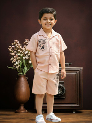 FASHION GRAB Boys Casual Shirt Shorts(Light Orange)