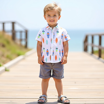 D MON VY Boys Casual Shirt Shorts(WHITE SHARK GREY)