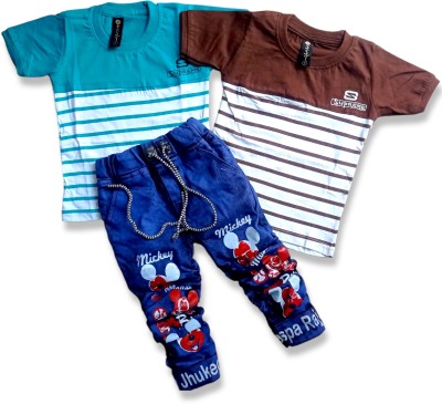 Fashion Stufff Boys Party(Festive) T-shirt Jeans(Brown & Sky)