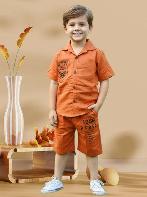 FASHION GRAB Boys Casual Shirt Shorts(Orange)