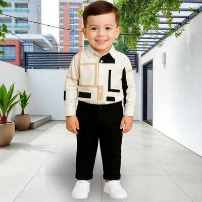 menvy Baby Boys Party(Festive) Shirt Pant(WHITE GEOMETRIC PATTERN)