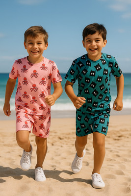 Vcloths Boys Casual T-shirt Shorts(PINK OCTOPUS+GREEN FOX)