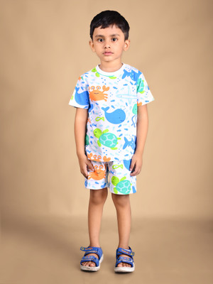 Dear to dad Baby Boys Casual T-shirt Shorts(White-Sea Creatures)