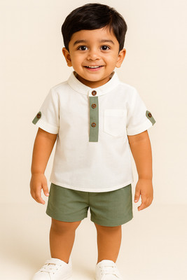 hiyan fashion Baby Boys Party(Festive) Kurta Shorts(WHITE & PISTA)
