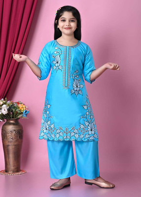 SKRAFATGARMENTS Girls Festive & Party Kurta and Pyjama Set(Blue Pack of 1)