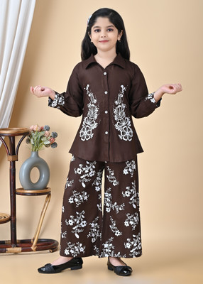 SERINA FASHION Girls Party(Festive) Shirt Pant(BROWN)