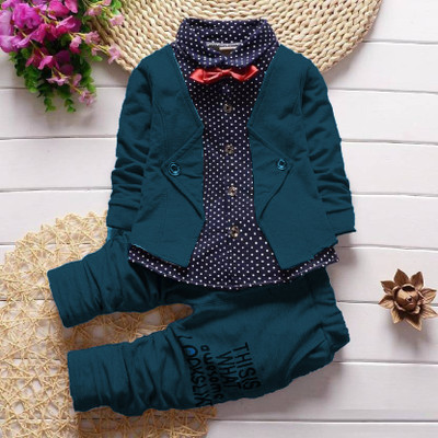 Gunatit Boys Party(Festive) Shirt Trouser, Jacket, Bow Tie(Air Force)