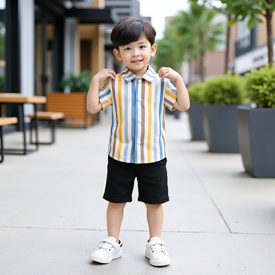 D MON VY Boys Casual Shirt Shorts(MULTI STRIPES BLACK)