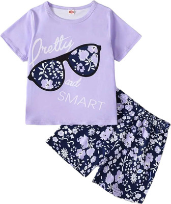 KEESOR Girls Casual T-shirt Shorts(Purple, Blue)