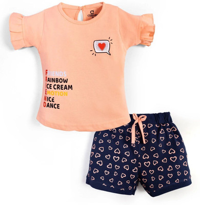 CERABI Girls Casual T-shirt Shorts(Orange)