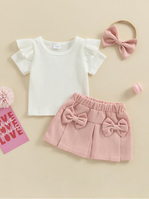 Kid Clouds Girls Casual Top Skirt, Hairband(PINK)