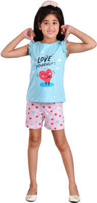 Clothe Funn Girls Casual Top Shorts(Sky Blue/Pink)