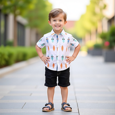 D MON VY Boys Casual Shirt Shorts(WHITE SHARK BLACK)