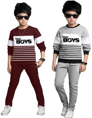 Cute N Tight Boys Casual T-shirt Track Pants(Maroon,Grey)