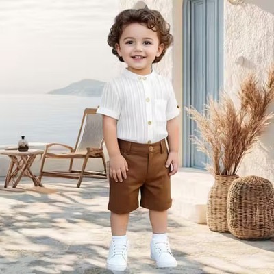Looksky Boys & Girls Casual Shirt Shorts(white,Brown)