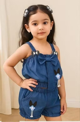 Ndress Store Baby Girls Casual Top Shorts(Top Blue Denim And Denim Shorts)