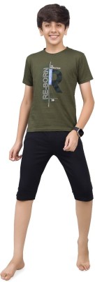 VeeMax Boys Casual T-shirt Three Fourth Pant(Olive Green, Black)