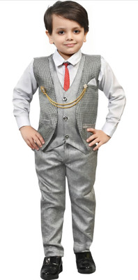Go Berry Boys Festive & Party Shirt, Waistcoat and Pant Set(Grey Pack of 1)