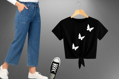 Srfashionglobel Girls Casual T-shirt Jeans(Black)