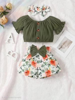 PORPY Girls Party(Festive) Top Shorts, Hairband(Olive Green)