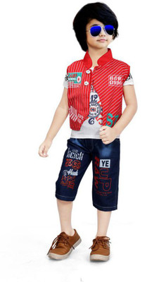 Sagun Dresses Baby Boys Party(Festive) T-shirt Shorts, Jacket(Red)