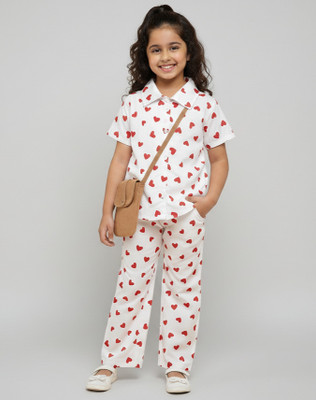 MARIYAGARMENTS Baby Girls Casual Shirt Pant(BABY GIRLS HEART PRINTED CORD SET WHITE WITH RED HEART)