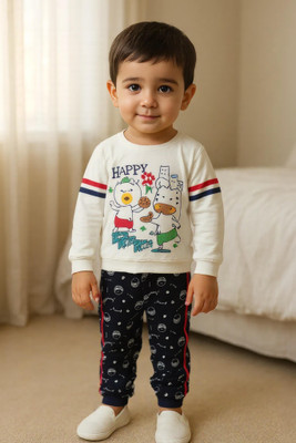 Clothe Funn Baby Boys Casual T-shirt Pant(Off White & Navy)