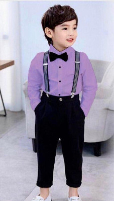 HV CREATION Boys Party(Festive) Shirt Pant, Bow Tie, Suspenders(Purple, black)