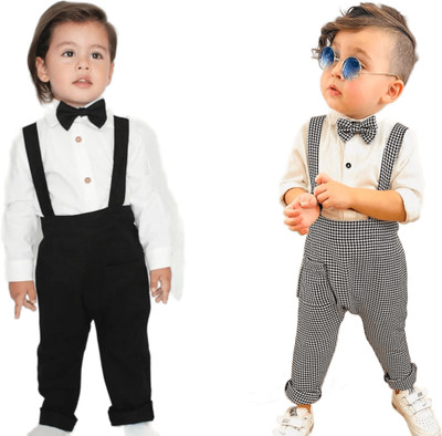 Aryanfab Baby Boys & Baby Girls Party(Festive) Shirt Dungaree, Bow Tie(BLACK & MULTICOLOUR)