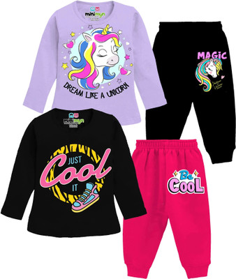 MINI MYN Baby Girls Casual T-shirt Pyjama(Lavender, Black, Pink, Black)