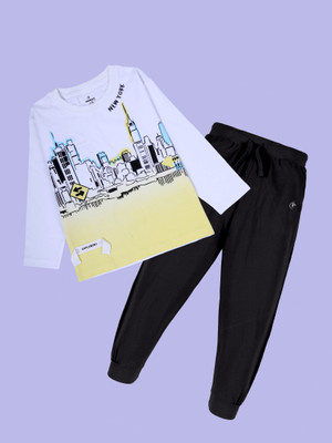 KiddoPanti Boys Casual T-shirt Track Pants(Yellow & White & Jet Black)