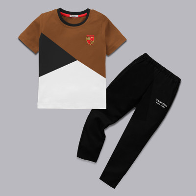 tarsier Boys Casual T-shirt Track Pants(BEIGECROS SSLV_BLACK PANT)