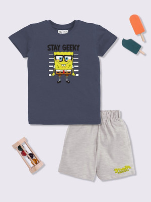YK X Minute Mirth Boys & Girls Sponge Bob Casual T-shirt Shorts(Charcoal)