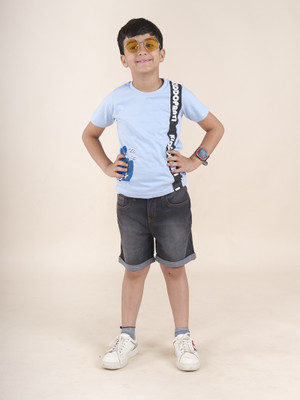 KiddoPanti Boys Casual T-shirt Shorts(Lt Blue & Black)