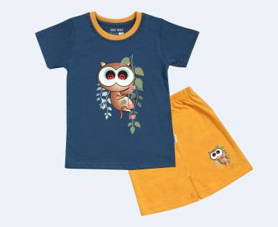 Baby Wolf Baby Boys & Baby Girls Casual T-shirt Shorts(night owl navy blue t shirt and yellow shorts)