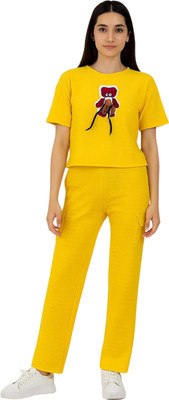 loobek Girls Casual T-shirt Track Pants(Yellow)