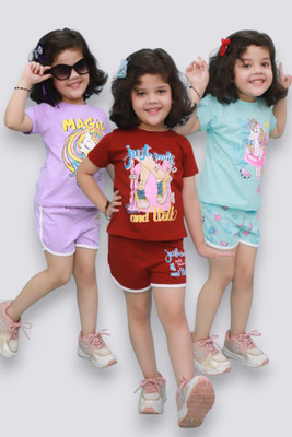 CHANDRIKA LIFESTYLE Girls Casual T-shirt Shorts(SKYBLUE_LAVENDER_MAROON)