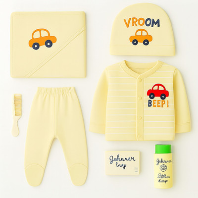 baby suit Baby Boys & Baby Girls Party(Festive) Bodysuit Pant, T-shirt, Cap(Lite yellow)
