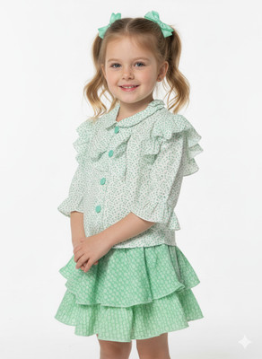 Girijesh Singh Girls Casual Top Skirt(White green)